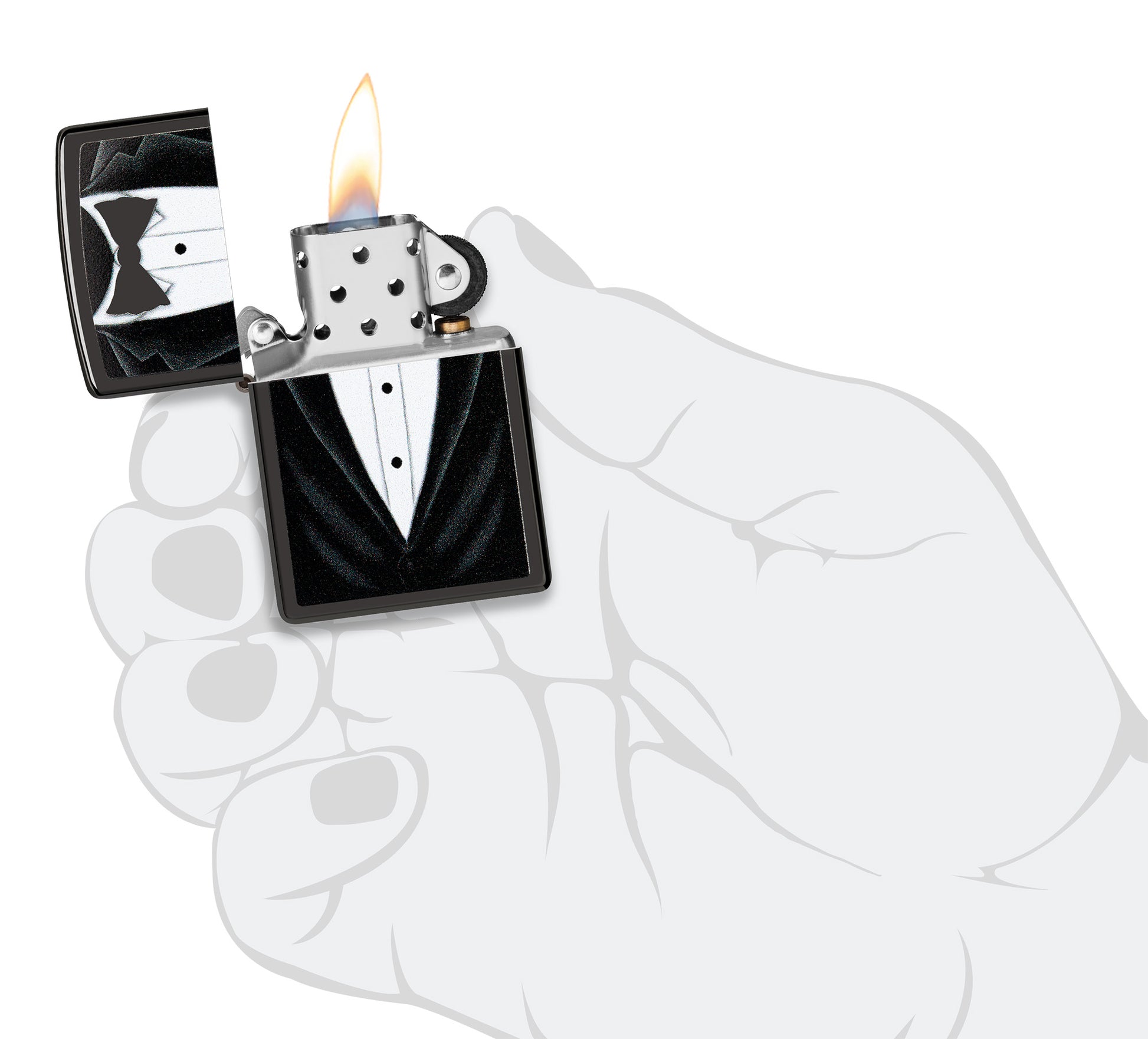 Black Bowtie Windproof Lighter lit in hand