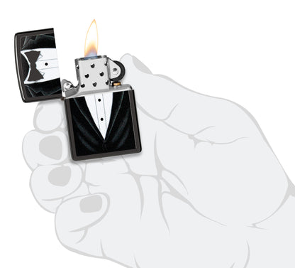Black Bowtie Windproof Lighter lit in hand