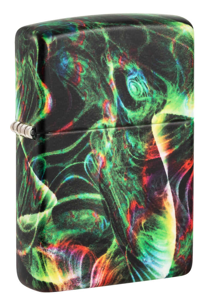 Front shot of Zippo Psychedelic Swirl Design Glow in the Dark Green Matte Windproof Lighter standing at a 3/4 angle.