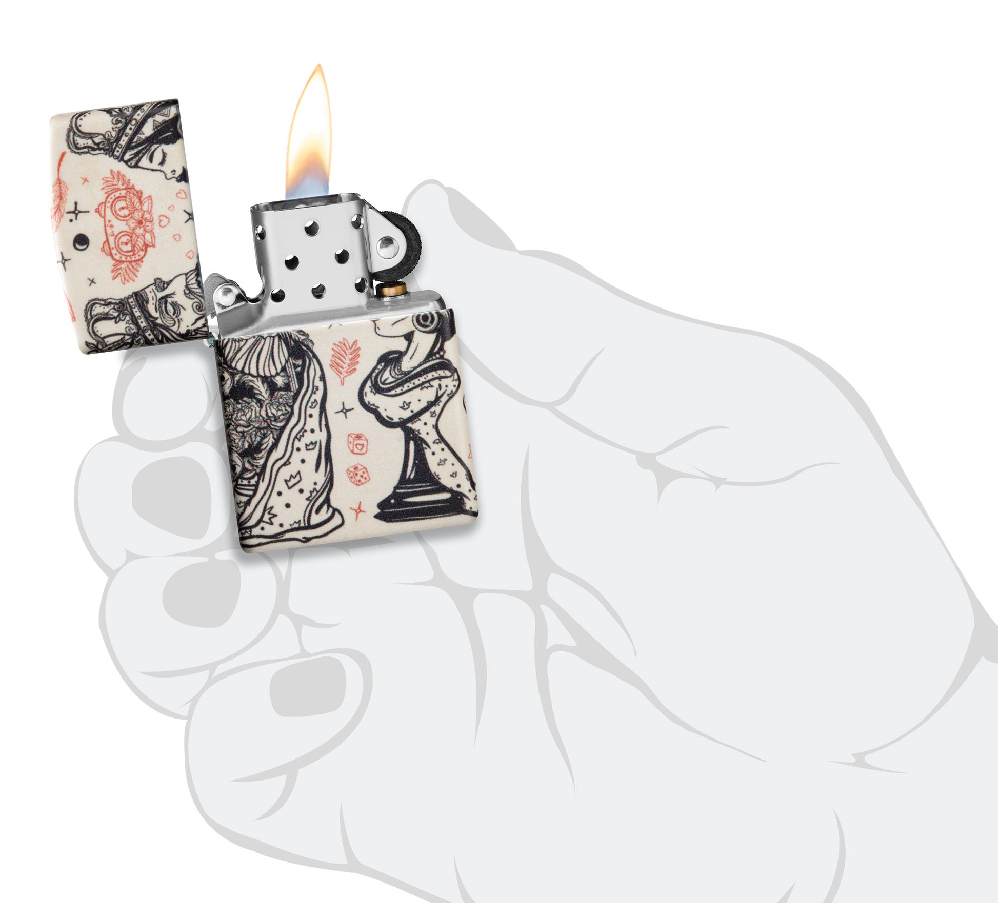 Zippo Checkmate Design 540 Matte Windproof Lighter lit in hand.