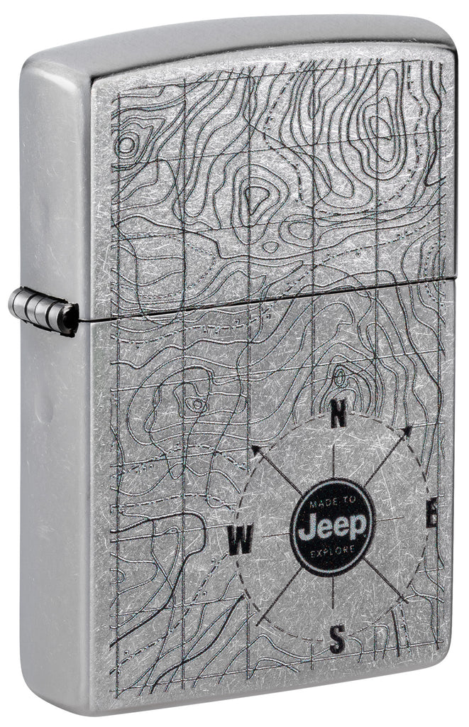 Front shot of Zippo Jeep Topographical Map Street Chrome Windproof Lighter standing at a 3/4 angle.