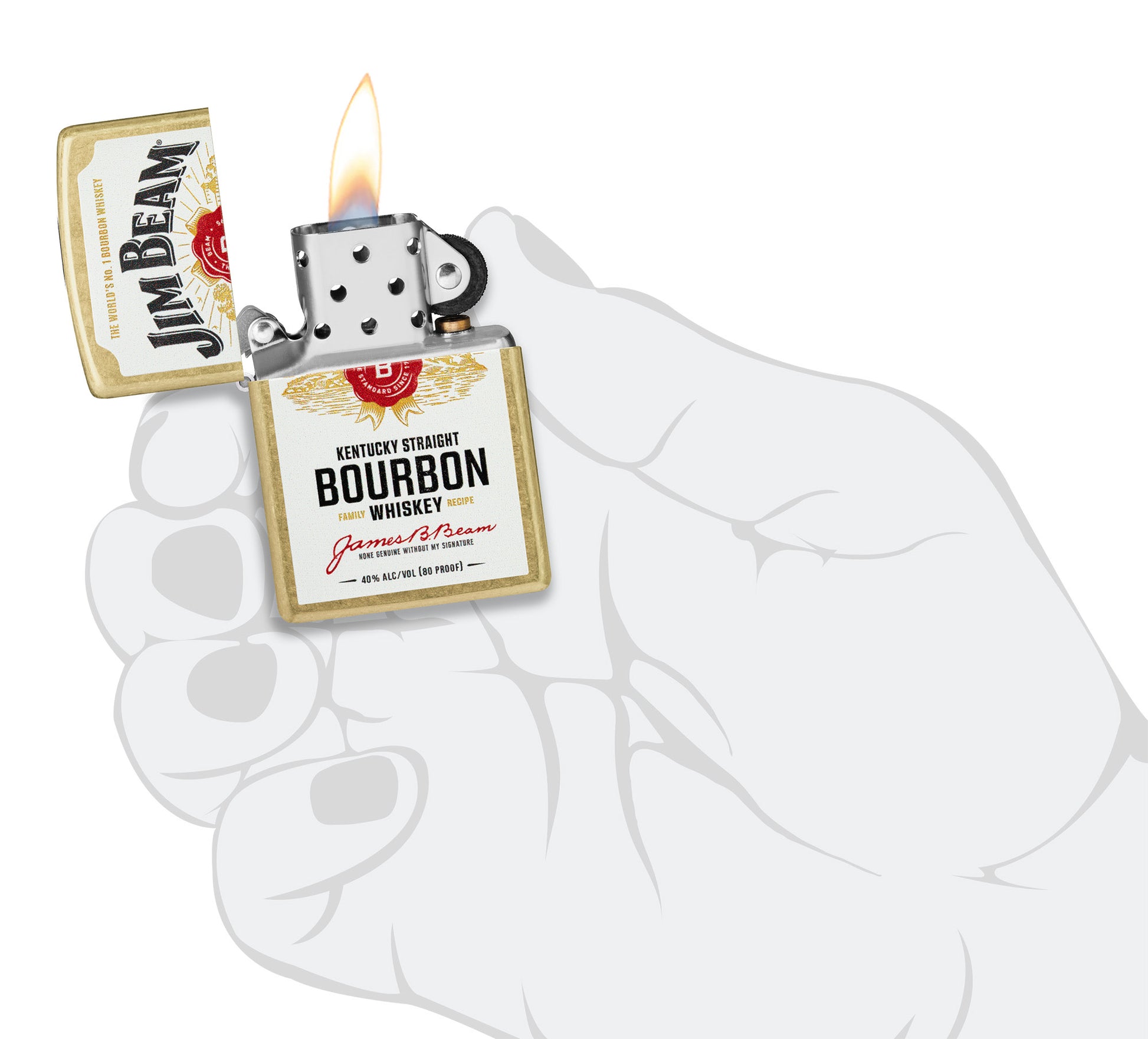 Zippo Jim BeamÂ® Label Design Regular Street Brass Windproof Lighter lit in hand.
