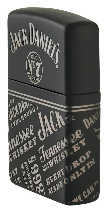 Angled shot of Zippo Jack Daniel'sÂ® Every Drop Design Regular Media Chrome Black Matte Windproof Lighter showing the front and right side of the lighter.