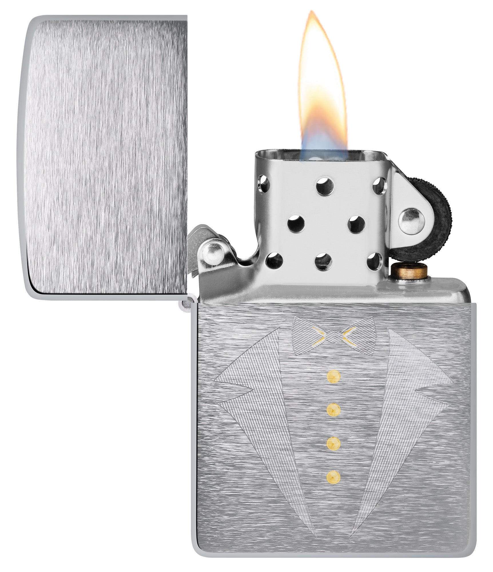 Gold Tux & Bowtie Design Windproof Lighter with its lid open and lit
