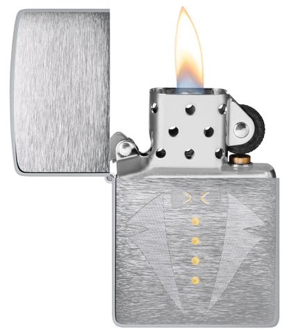Gold Tux & Bowtie Design Windproof Lighter with its lid open and lit
