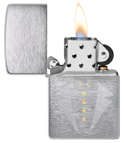 Gold Tux & Bowtie Design Windproof Lighter with its lid open and lit
