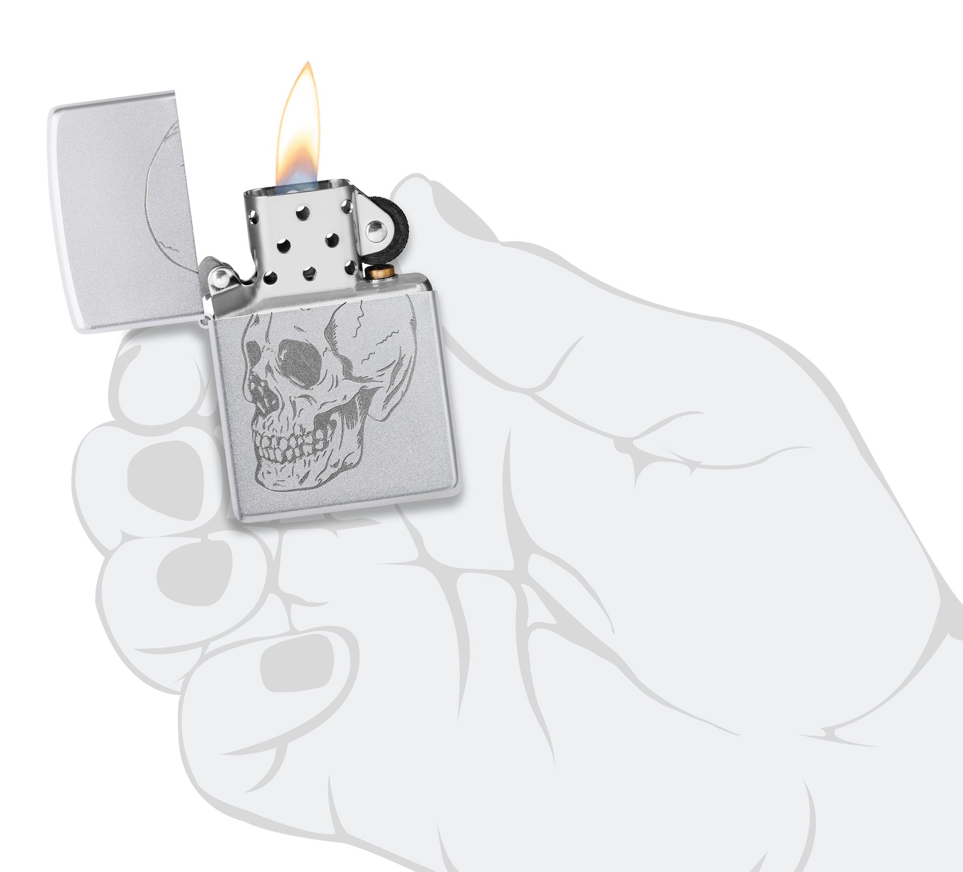 Zippo Subtle Skull Design Satin Chrome Windproof Lighter lit in hand.