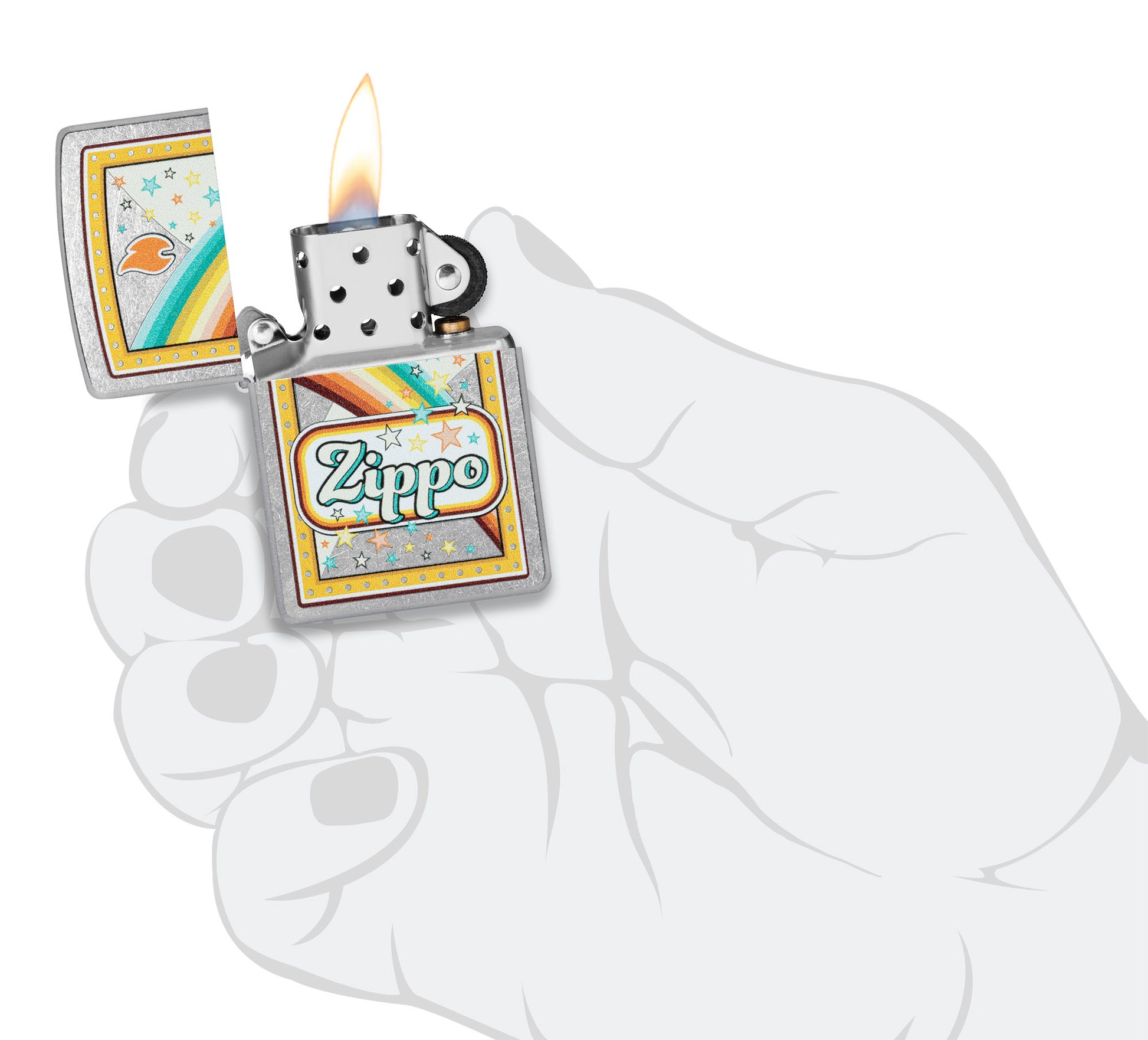 Zippo Candy Design Chrome Windproof Lighter lit in hand.