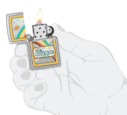 Zippo Candy Design Chrome Windproof Lighter lit in hand.