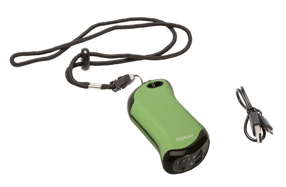 Green HeatBankÂ® 9s Rechargeable Gaming Hand Warmers with included lanyard and USB charger.