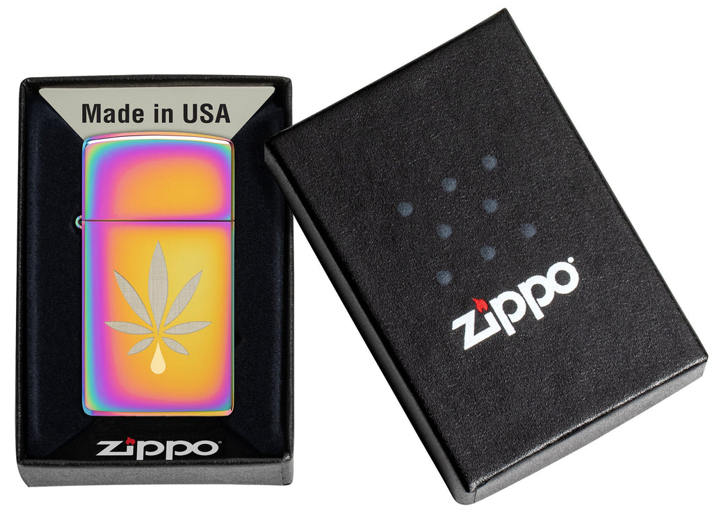 Zippo Cannabis Leaf Design Slim Multi Color Windproof Lighter in its packaging.