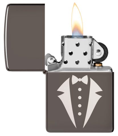 Tuxedo & Bowtie Design Windproof Lighter with its lid open and lit