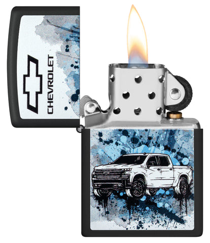 Zippo Chevrolet Black Matte Pocket Lighter with its lid open and lit.