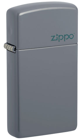 Front shot of Slim® Flat Grey Zippo Logo Windproof Lighter standing at a 3/4 angle.