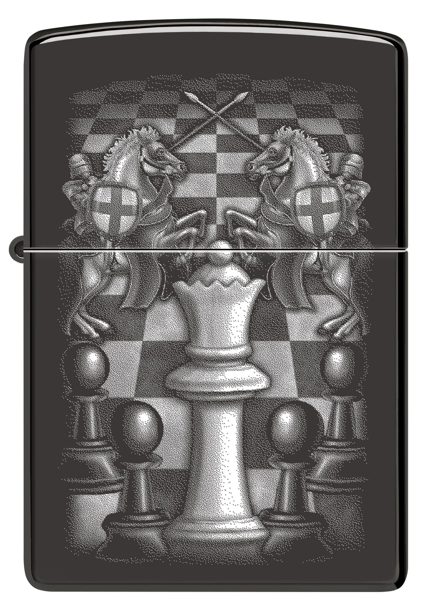 Front view of Zippo Chess Design High Polish Black Windproof Lighter.