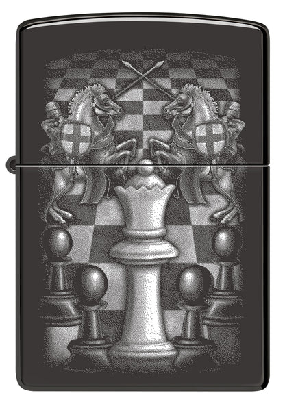 Front view of Zippo Chess Design High Polish Black Windproof Lighter.