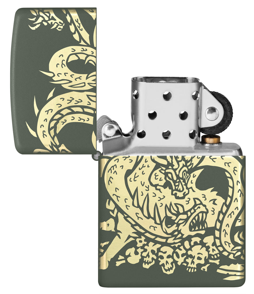 Zippo Dragon Design Green Matte Windproof Lighter with its lid open and unlit.
