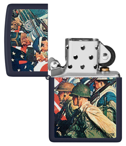 Zippo Norman Rockwell To Make Men Free Navy Matte Windproof Lighter with its lid open and unlit.