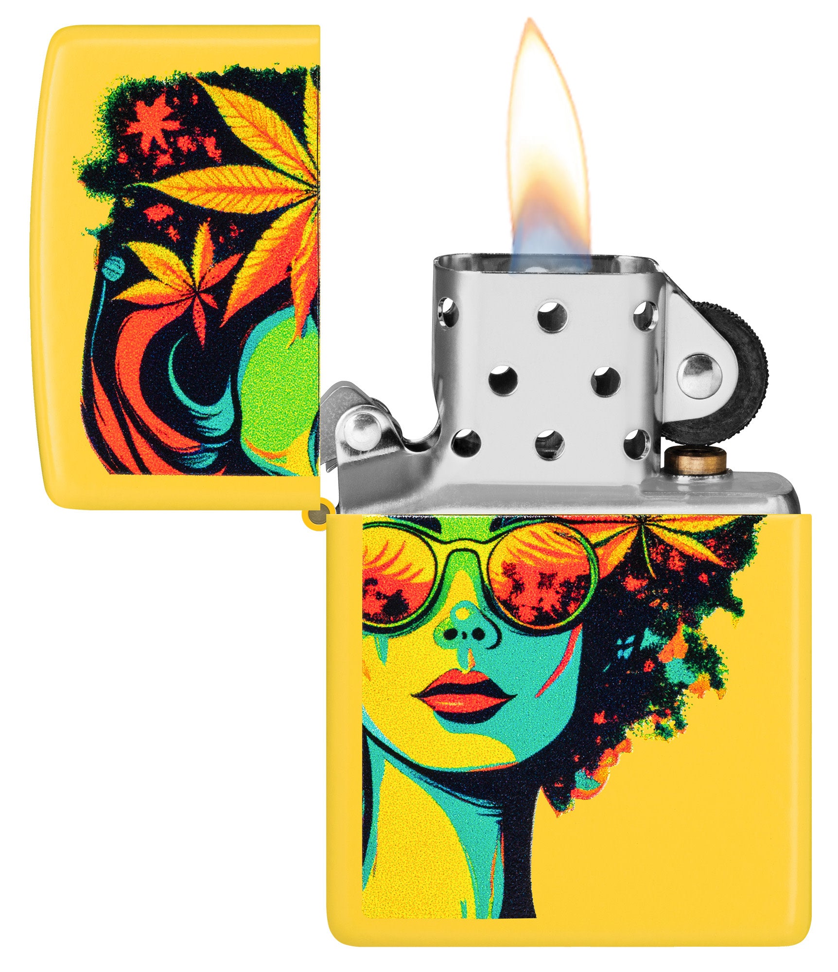 Zippo Blazing Beauty Design Sunflower Windproof Lighter with its lid open and lit.