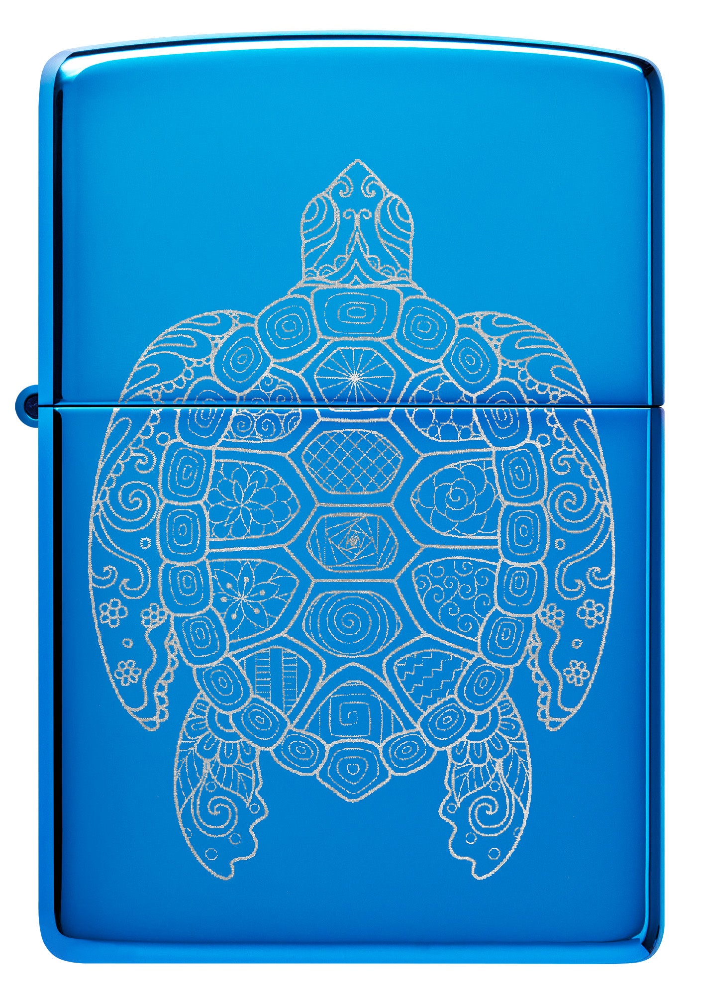 Front view of Zippo Zen Turtle Design High Polish Blue Windproof Lighter.