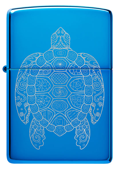 Front view of Zippo Zen Turtle Design High Polish Blue Windproof Lighter.