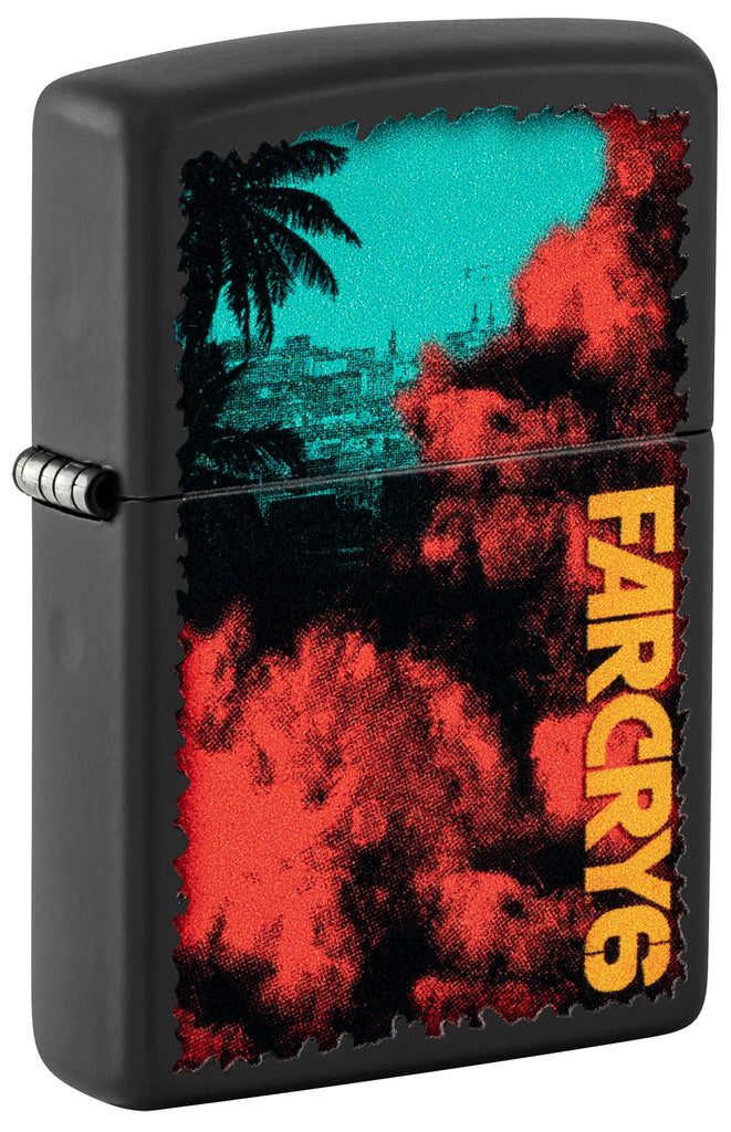 Front shot of Zippo Far Cry Design Black Matte Windproof Lighter standing at a 3/4 angle.