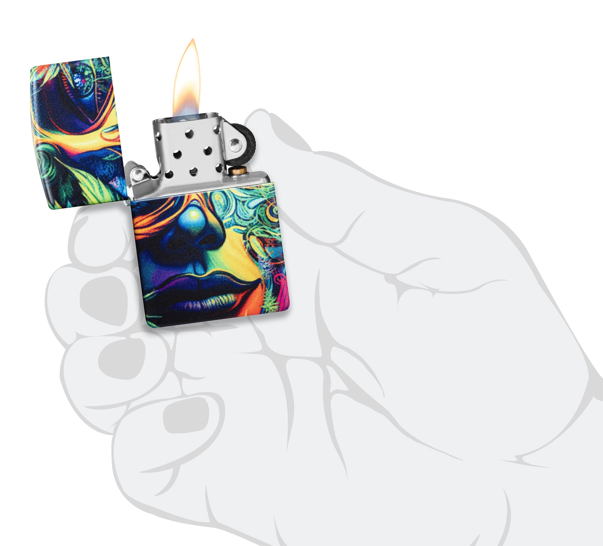Zippo Cannabis Camo Design 540 Matte Windproof Lighter lit in hand.