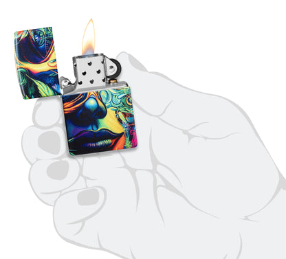 Zippo Cannabis Camo Design 540 Matte Windproof Lighter lit in hand.