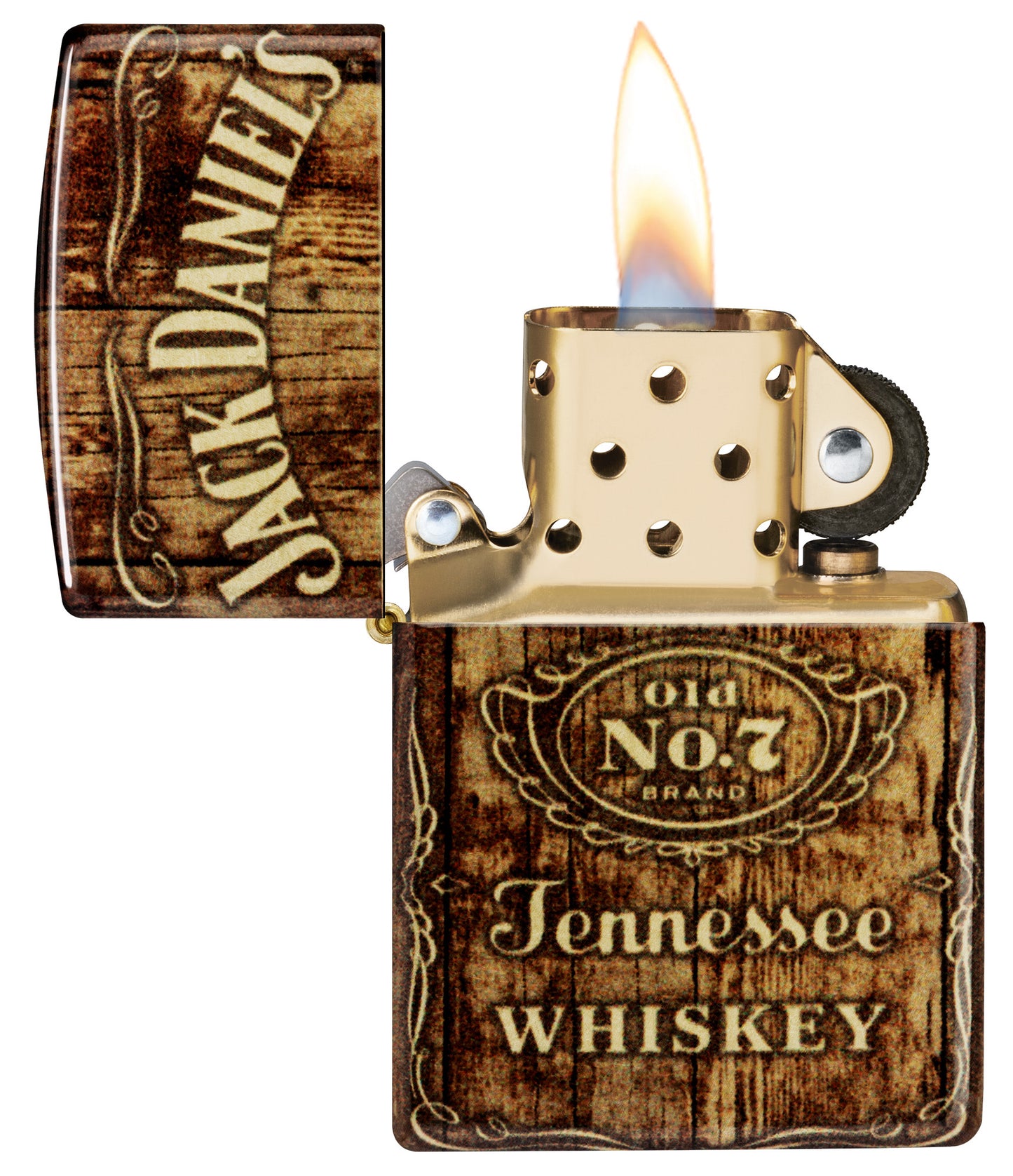 Zippo Jack Daniel'sÂ® Barrel Design 540 Tumbled Brass Windproof Lighter with its lid open and lit.