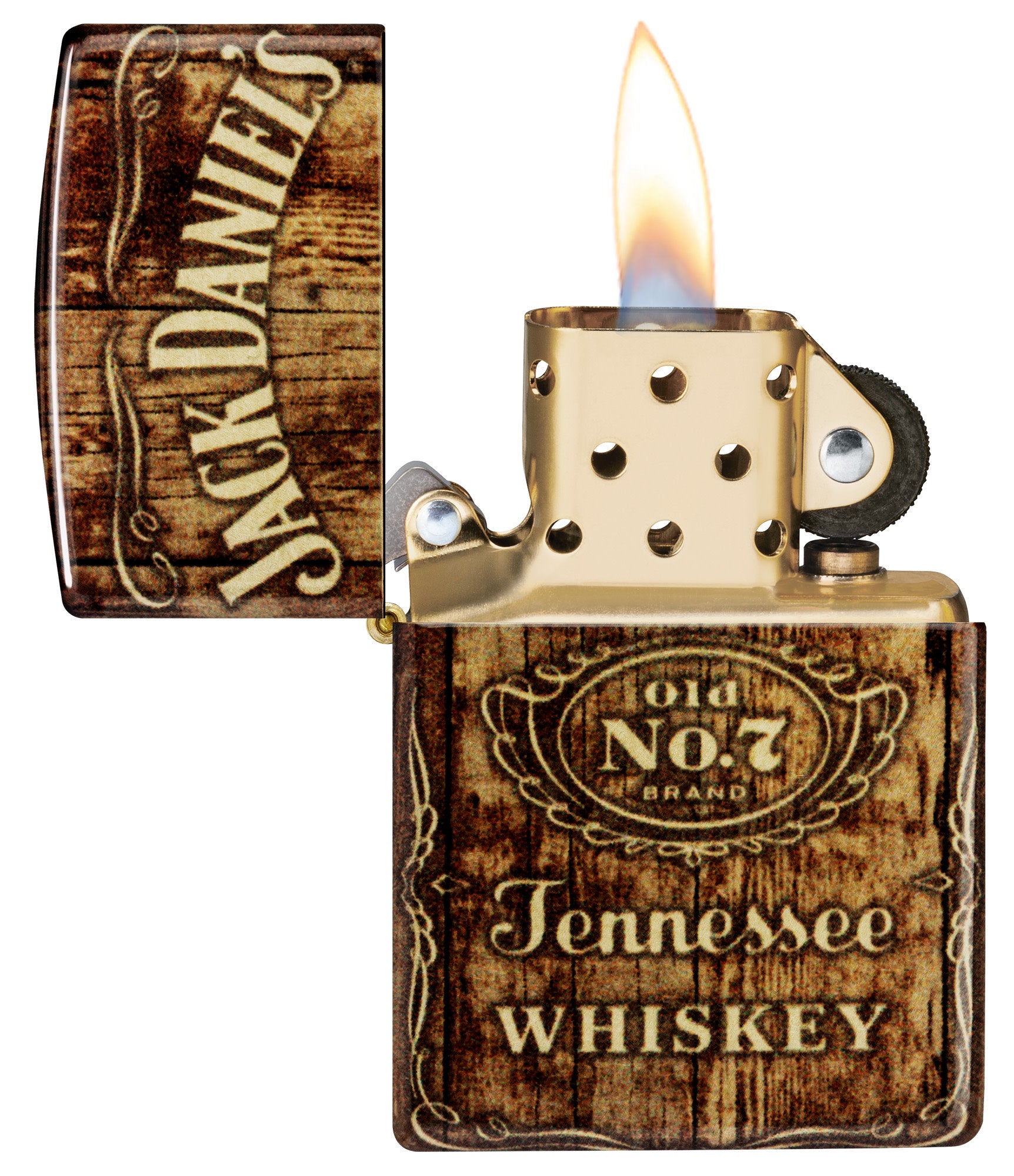 Zippo Jack Daniel'sÂ® Barrel Design 540 Tumbled Brass Windproof Lighter with its lid open and lit.