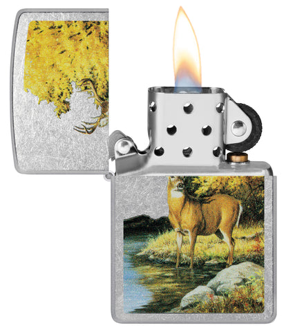 Zippo Linda Picken Season of Beauty Street Chrome Windproof Lighter with its lid open and lit.