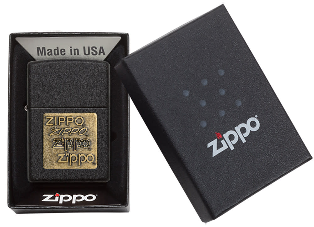 Front view of the Black CrackleÂ® Brass Zippo Logo Emblem Lighter in one box packaging