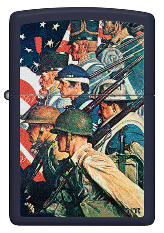 Front view of Zippo Norman Rockwell To Make Men Free Navy Matte Windproof Lighter.