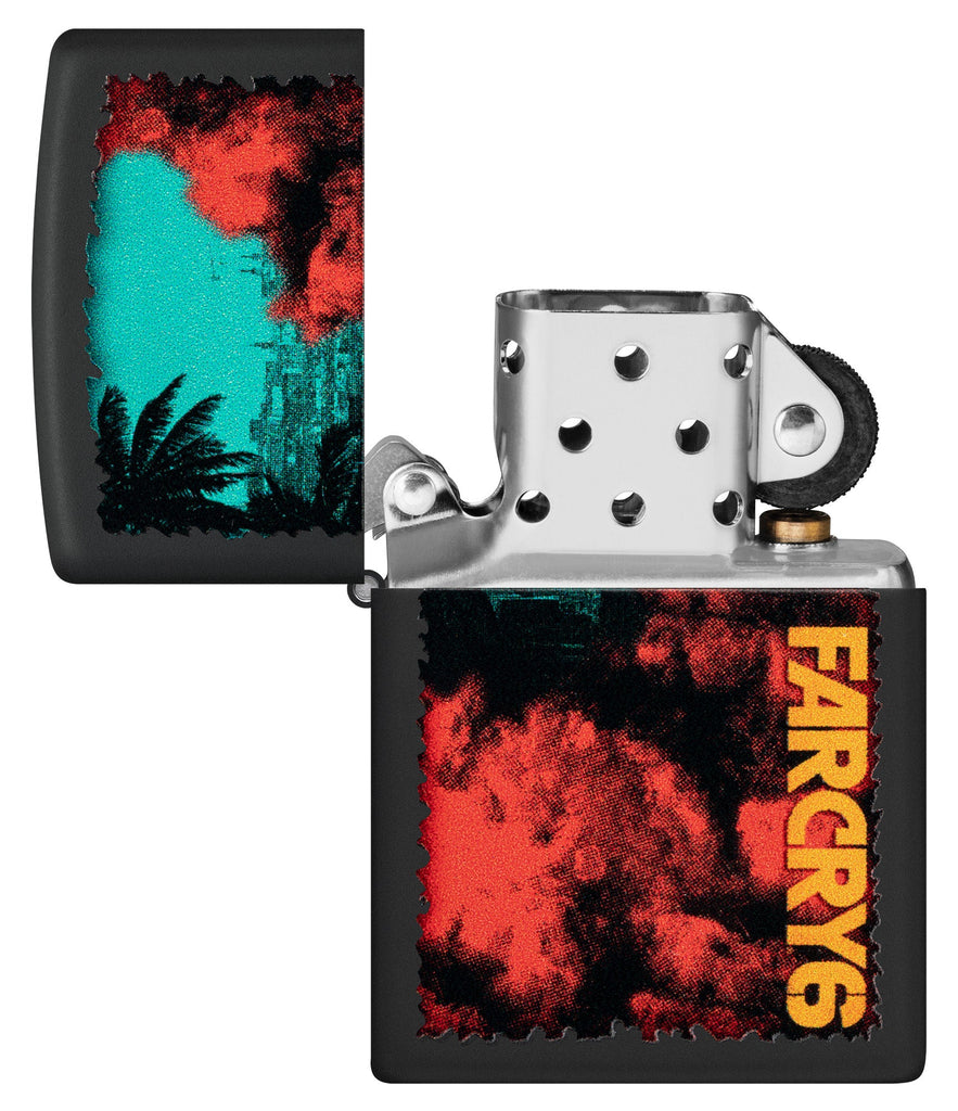 Zippo Far Cry Design Black Matte Windproof Lighter with its lid open and unlit.