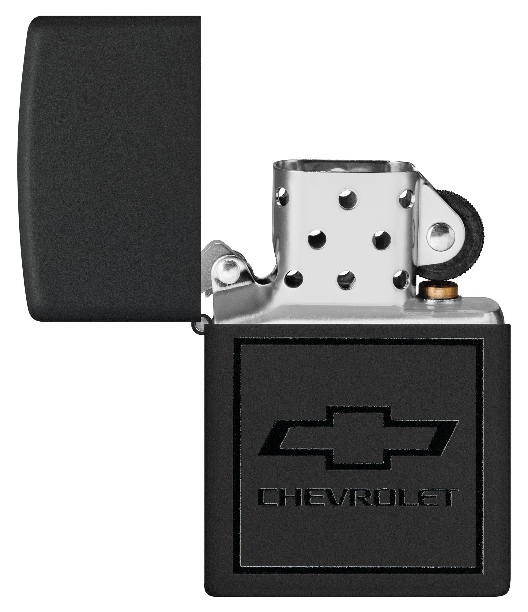 Zippo ChevroletÂ® Bowtie Design Black Matte Windproof Lighter with its lid open and unlit.
