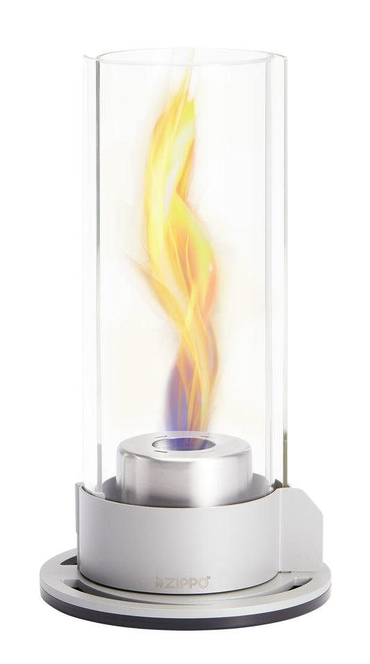 Front view of Zippo FlameScapes Spiral Fire Feature in silver lit.