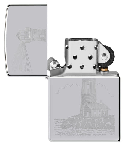 Zippo Lighthouse Design Highpolish Chrome Windproof Lighter with its lid open and unlit.