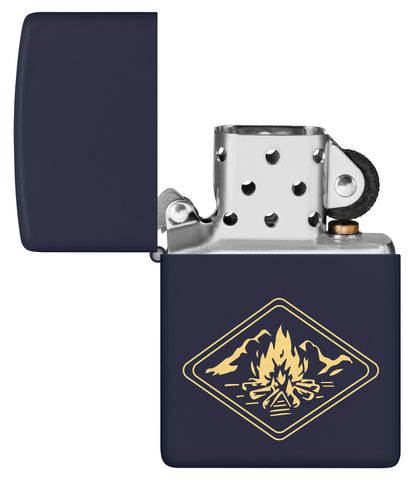 Zippo Campfire Design Navy Matte Windproof Lighter with its lid open and unlit.