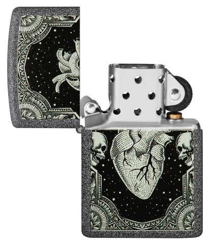 Zippo Heart Design Iron Stone Pocket Lighter with its lid open and unlit.