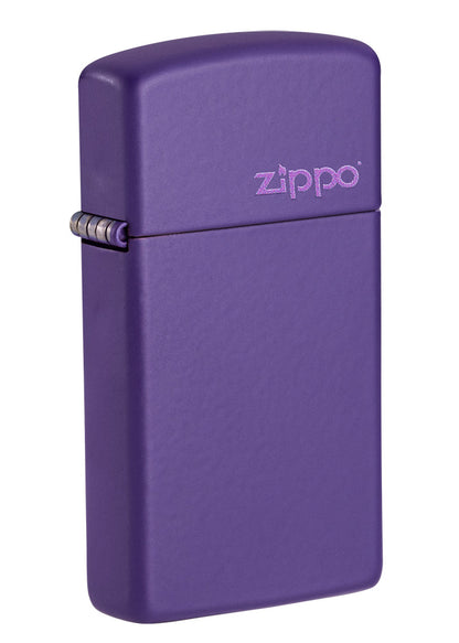 Front shot of Slim Purple Matte Zippo Logo Windproof Lighter standing at a 3/4 angle