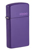 Front shot of Slim Purple Matte Zippo Logo Windproof Lighter standing at a 3/4 angle