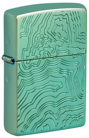 Front view of Zippo Map Armor High Polish Green Windproof Lighter standing at a 3/4 angle.