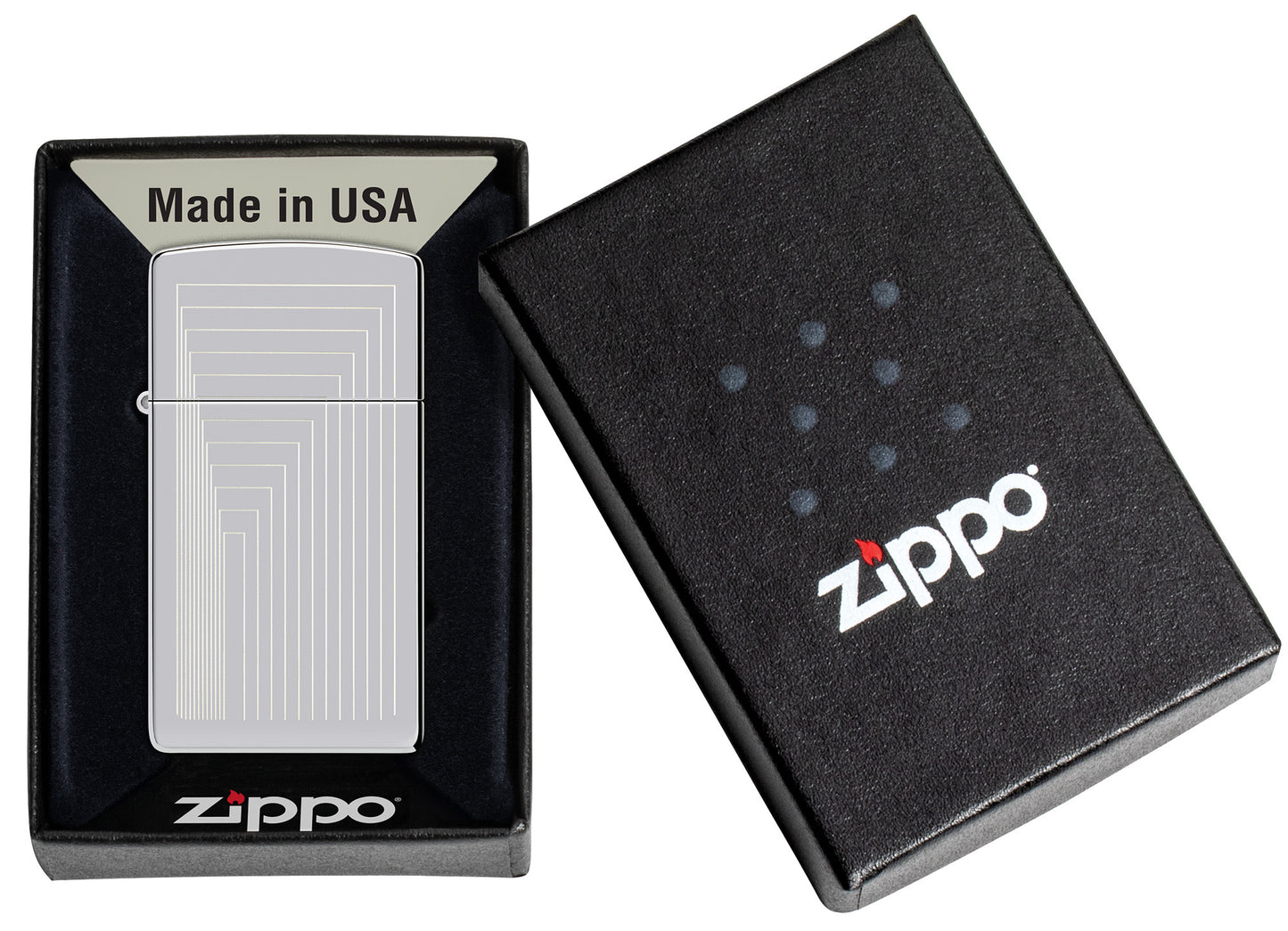 Zippo SlimÂ® Laser Pattern Design High Polish Chrome Windproof Lighter in its packaging.