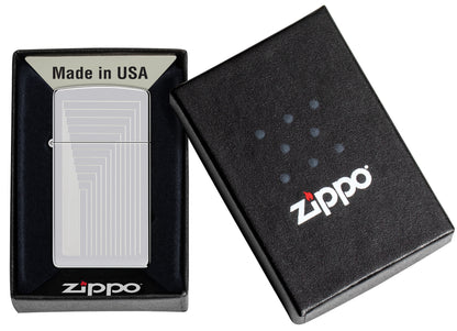 Zippo SlimÂ® Laser Pattern Design High Polish Chrome Windproof Lighter in its packaging.