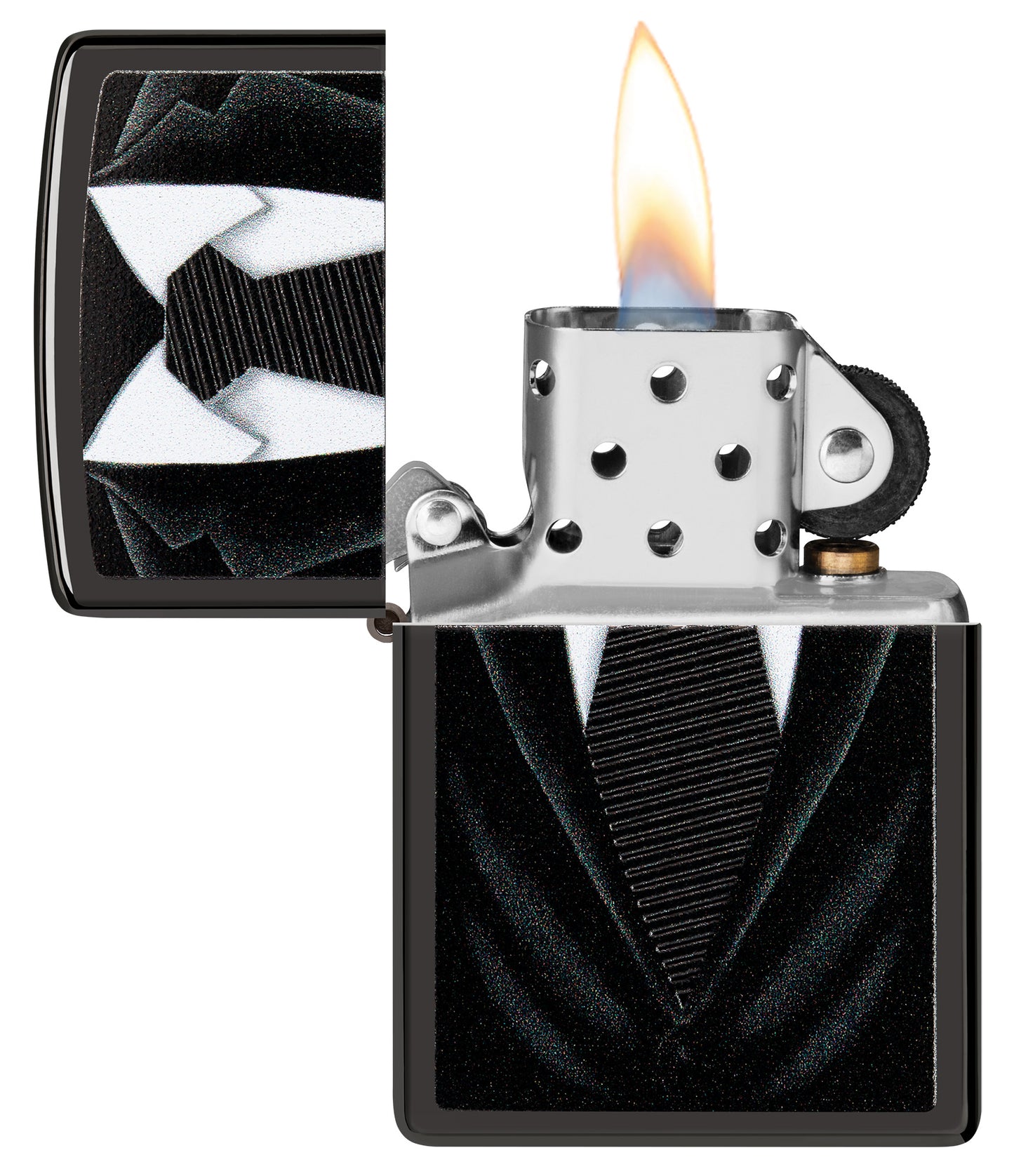 Black Tie Design Windproof Lighter with its lid open and lit

