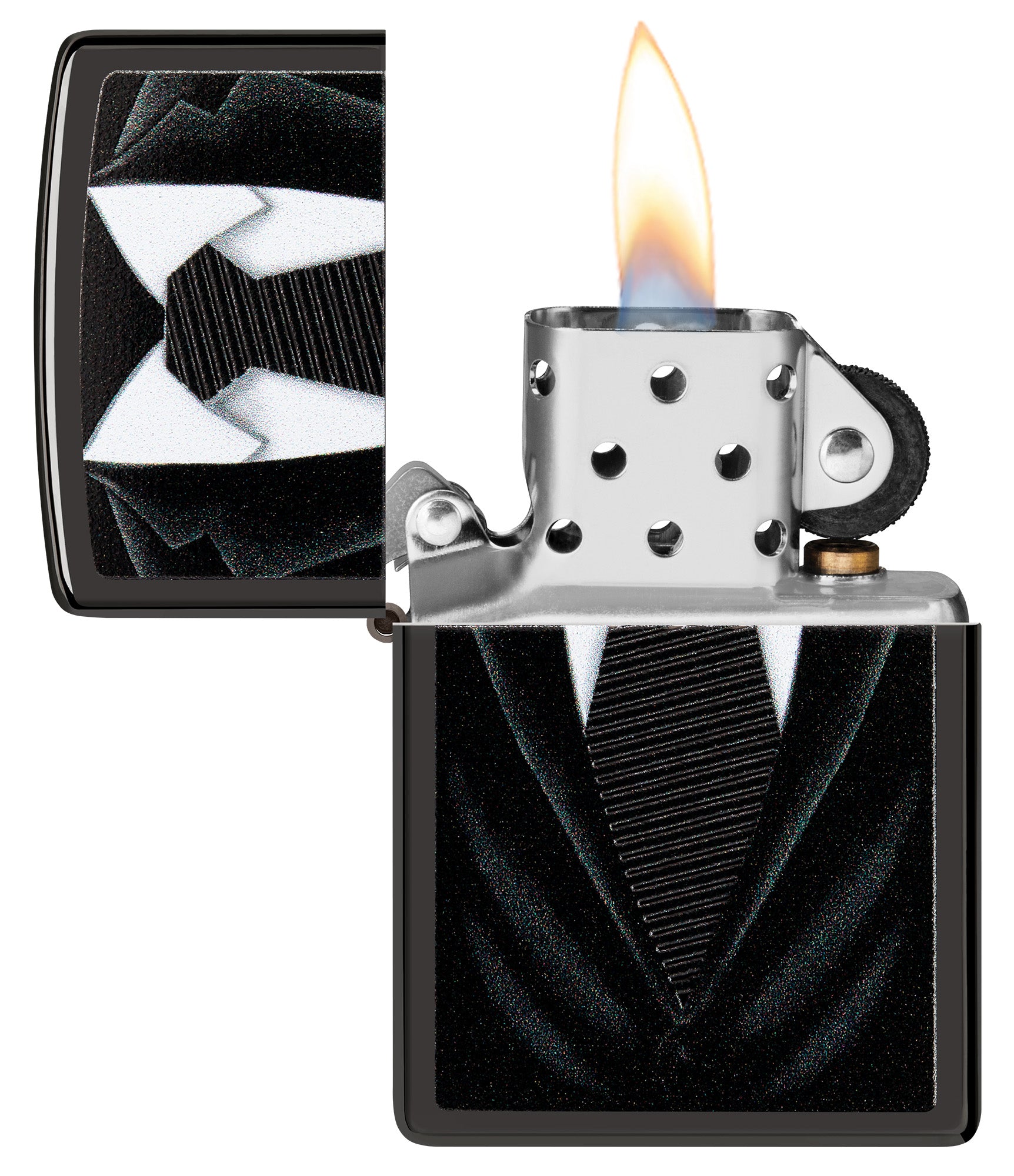 Black Tie Design Windproof Lighter with its lid open and lit

