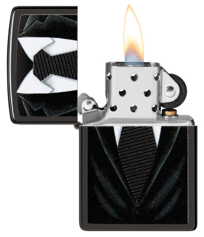Black Tie Design Windproof Lighter with its lid open and lit