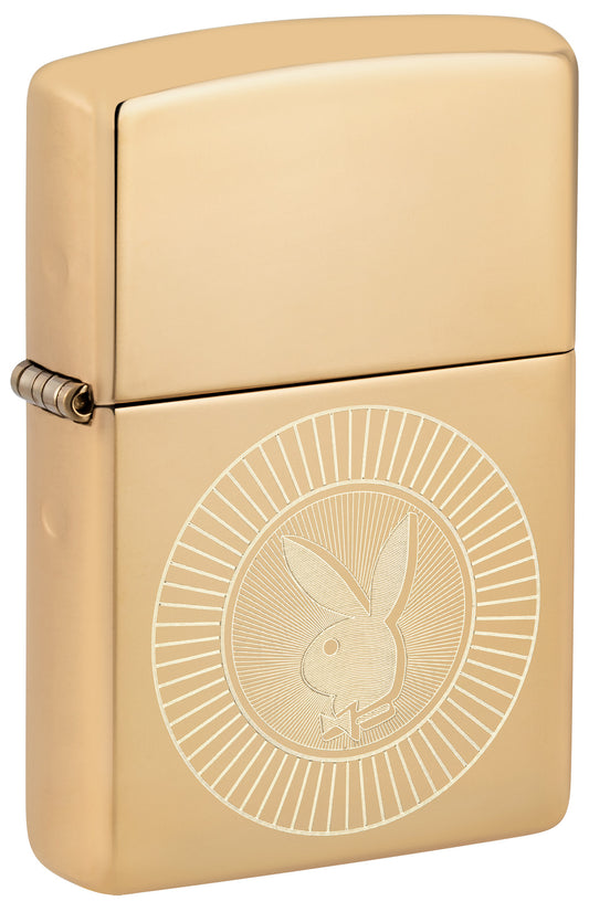 Front shot of Zippo Playboy Rabbit Head Design High Polish Brass Windproof Lighter standing at a 3/4 angle.