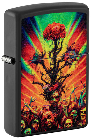 Front view of Zippo Abstract Zombie Black Matte Windproof Lighter standing at a 3/4 angle.