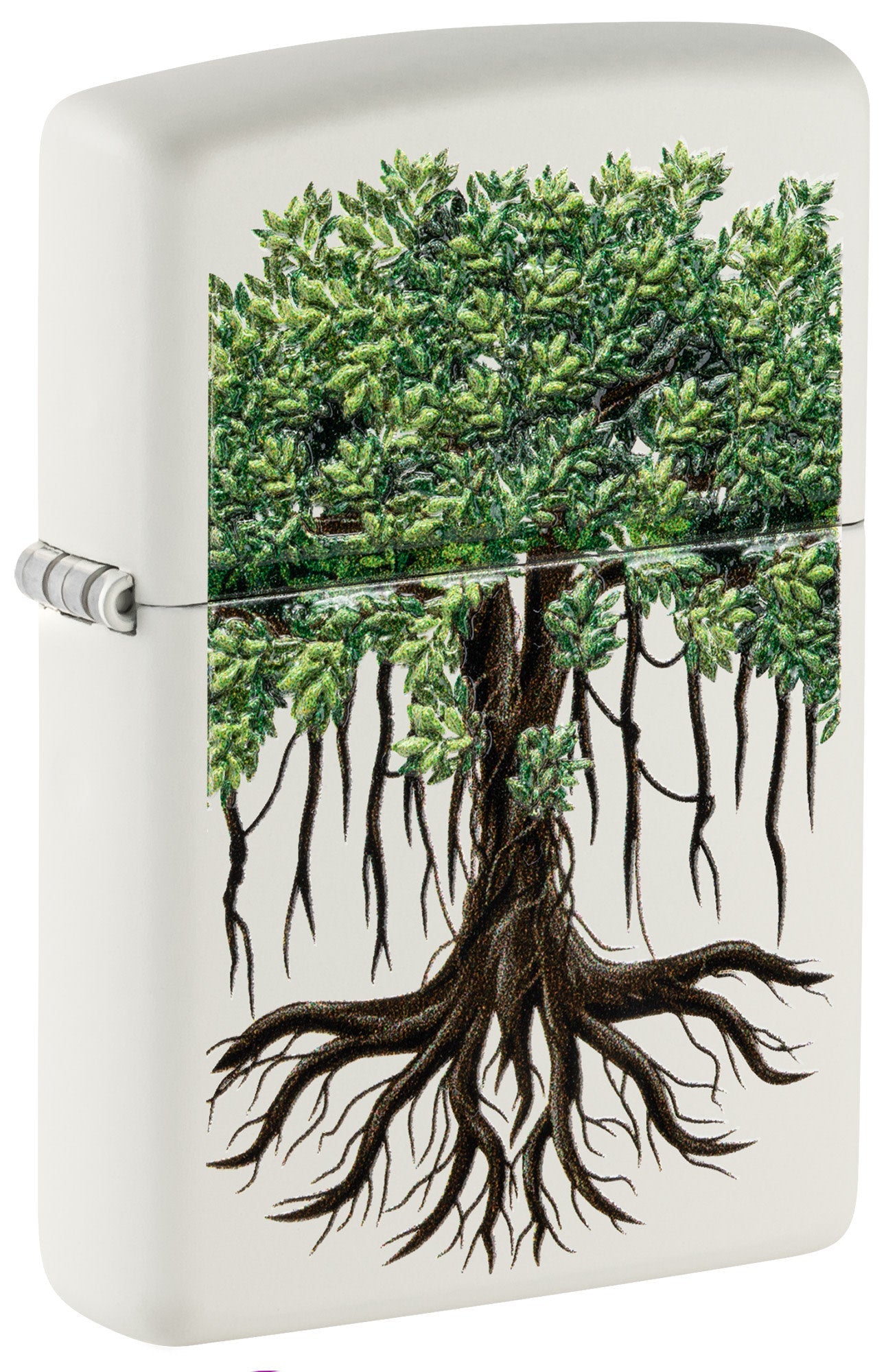 Front shot of Zippo Tree Life Design White Matte Windproof Lighter standing at a 3/4 angle.